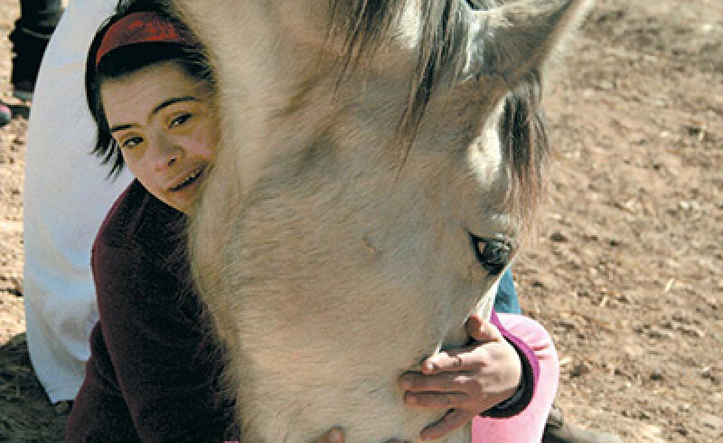 Ein Mädchen umarmt ein Pferde