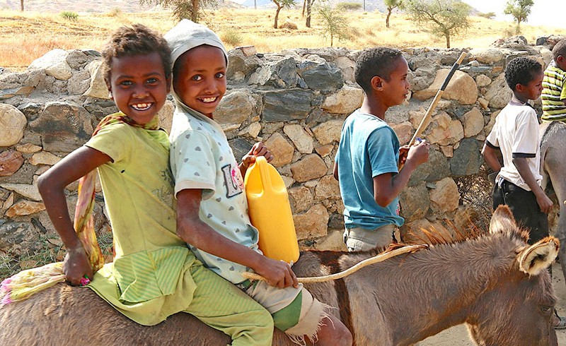 Mehrere junge Mädchen sitzen auf einem Esel in Eritrea