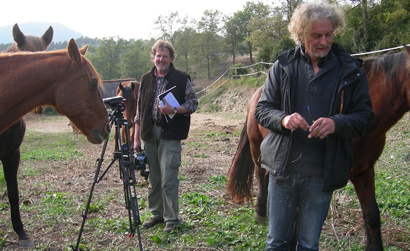 Zwei Filmemacher inmitten von Pferden